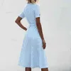 Primavera verão vendendo vestido elegante midi com cinto mulheres v-pescoço de manga curta botão listrado vestido de lace-up para as mulheres 210514