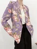 Outono Chic Shawl Collar Roxo Flor Da Margarida Impressão Blazer Vintage BF Estilo Mid Long Mulheres Terno Casaco Solto Femme 210429