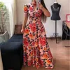 Vintage imprimé fleuri à manches courtes longues DrSummer décontracté mince femmes élégante ceinture moulante Robe de soirée Maxi Vestidos grande taille X0529