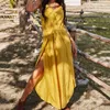 Boho Sexy Spaghetti Strap Jumpsuits Women Summer Sleeveless Lace Up Slit Casual Loose Holiday Beach Style Yellow Long Romper 210517