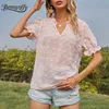 V-hals Frill Trim Swiss Dot Sheer Chiffon Blouse Zomer Korte Mouw Mode Casual Vrouwen Tops en Blouses 210510