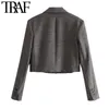 TRAF Women Fashion Cropped Check Blazer Coat Vintage Långärmad med axelkuddar Kvinnor Ytterkläder Chic Toppar 210415