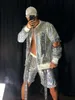 Silber Zweiteilige Herren Set Glänzende Pailletten Jacke Hosen Baseball Anzug Nachtclub Flut Hip Hop Rock Performance Kleidung X0909