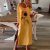 플러스 사이즈 가을 긴 소매 비치 맥시 드레스 여성 해바라기 인쇄 Boho Long Dress 캐주얼 O 넥 넥 스플릿 파티 가운 Femme 210507