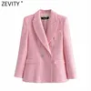 Zevity Femmes Doux Double Boutonnage Texture Rose Tweed Laine Blazer Manteau Vintage Femme Survêtement Chic Affaires Slim Tops CT714 210603