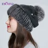ENJOYFUR Cappelli di lana lavorata a maglia in pelliccia di visone per donna berretti invernali spessi e morbidi berretti femminili con pom 211229