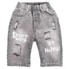 Summer Letter Print Toddler Boys Short Pants Children Hole Denim Shorts Kids Casual Cotton 2 Colors Straight Pant 210723