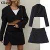 KLKXMYT костюм наборы две части женщин шикарные мода односторонняя кнопка черные короткие пиджаки куртки высокие Wasit юбок 210527