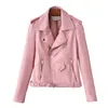 Kvinnor PU Faux Läder Outwear Jacket Pocket Zipper Rosa Gul Solid High Street C0034 210514