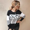 Höst Vinter Kvinnors Tröjor O-Neck Lösa Stickade Jumpers Långärmad Leopard Splice Sweater Oversize Ladies Pullover Toppar 210918