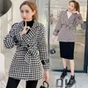 Houndstooth coréen Vintage femmes manteaux de laine vestes automne hiver ceinture à manches longues col rabattu bureau élégant 210513