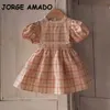 Korean Style Summer Kids Girls Dresses Orange Plaid Lace Collar Short Puff Sleeves with Sashes Children Clothes E405 210610