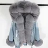 Winter Women Natural fur big collar Coat Denim loose fashion Fur detachable Rabbit lining Parka Leather Jacket 211018