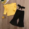 Newborn Baby Girl Clothing Sets Solid Color Tops Bell-Bottoms Long Pants Headband 3Pcs Outfits Cotton Clothes