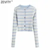 Femmes mode O cou à manches longues rayé tricot femme boutonnage mince Cardigan pull Chic haut court SW828 210416