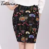 Tataria Female Elastic High Waist Pencil Skirt Plus Size Midi Package Hip Knee-Length Floral Print Knit Jupe Femme 210514