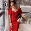 Dabuwawa Exclusive Vintage Red Bow Square Neck Sukierek Letnia Sukienka Kobiety Rękaw Puff Solidna A-Line Party Dresses Ladies Do1BDR016 210520