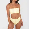 PLAVKY Retro Sexy Yellow Striped Strapless Bandeau Biquini Cut High Waist Swim Bathing Suit Swimsuit Swimwear Women Bikini 210629