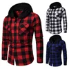 Fashion Red Black Plaid Hoodie Shirt Men Slim Fit Long Sleeve Mens Hooded Shirts Hipster Buffalo Plaid Shirt With Double Pockets 210522