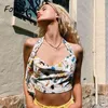 Dropped Neck Loose Crop Tops Women Floral Print Boho Summer Halter Tank Tops Heart Sequined White Tie-front Camis 210415