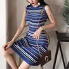 PERHAPS U Blue Black Striped Knitted Sleeveless Empire Sarafan Tank O Neck Mini Dress Summer Elegant Sexy Bodycon D1067 210529