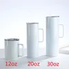 Süblimasyon tumbler kolu 12 oz ile 20 oz 30oz boş bardak mühürlü kapak paslanmaz çelik seyahat kupalar çift yalıtımlı taşınabilir su bira çay içme şişeleri