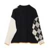 Vintage Geometric Rhombic Cardigan Sweater Kvinnor Höst Varm Långärmad Ytterkläder Elegant V-Neck Chic Patchwork Sticka Toppar 210914