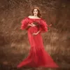 Red Puffy長袖のウエディングドレスのフリルRobe Tuletieredイブニングドレスプラスサイズパーティーローブ写真撮影Vestidos