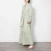 Green Vintage Print Dress For Women Stand Collar Long Sleeve High Waist Lace Up Bowknot Maxi Dresses Female Fashion 210520