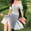 Neploe Women White Dress Sommar Koreanska Sexiga Robe Slash Neck Puff Sleeve Strand Eleganta Klänningar Elegant Slim Big Swing Vestidos 210422