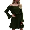 Women Dress Full Length Flare Sleeve Slash Neck Solid Color Sashes Lace Up High Waist Mini Pleated Polyester 210522