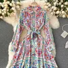 Women's Runway Floral Print Maxi Dress Fashion Spring Autumn Full Sleeve Buttons Sash Lace-up Casual Holidays Long 210603