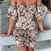 Mulheres de verão fora do ombro mini slash pescoço vintage floral impressão sexy bodycon lápis vestido 210415