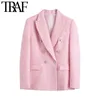 TRAF Women Fashion Double Breasted Tweed Blazer Coat Vintage Long Sleeve Pockets Female Outerwear Chic Veste Femme 211122
