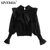 Women Sweet Fashion Patchwork Ruffle Trims Knitted Blouses Bow Tied Long Sleeve Female Shirts Chic Tops 210420