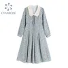 Sweet Doll Collar Long-Selvees Women's Dresses Summer High Waist Floral Print Mid-length Dress Elegant Pleated Lady Dress 210417