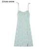 프랑스 컬러 꽃 무늬 붕대 스파게티 스트랩 미디 드레스 레트로 섹시한 여성 슬림 슬링 슬릿 드레스 Vestido 210429
