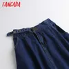 Tangada women dark blue denim midi skirt faldas mujer autumn winter office ladies elegant chic mid calf skirts BC99 210609