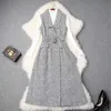High Quality Winter Women Fashion Long Sleeve Knitting Pullovers Top+Woolen Vest Dress 2Piece Set Autumn Vestidos 210601