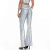 Sexy PU Leather Metallic Pants Shiny Holographic Flare Women Girls Bodycon Elastic Waist Bell Bottom Trousers Clubwear 210915