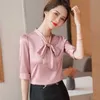 Wine Red Chiffon Shirt Women Summer Elegant Bow Slim Temperament Fashion Half Sleeve Stripes Blouses Office Ladies Work Tops 210604