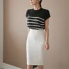 Short Sleeve Stripe Women Summer Loose High Quality OL Fashion Tops Geometric Knitted Thin Tee T-shirts 210421