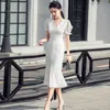 Summer Women White Lace Vintage Elegancki Single Breasted V Neck Rękaw Puff Mermaid Party Dinner Sukienki Vestidos 210514