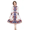 İlkbahar Yaz Sonbahar Moda Pist A-Line Gömlek Elbise kadın Uzun Kollu Rahat Çiçek Şerit Baskı Midi Zarif Elbiseler 210520