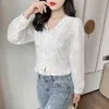 Höst Retro Hög midja Kort V-Neck Puff Sleeve Lace Shirt Kvinnor Vit Broderi Blus Blusas Mujer de MODA 10536 210528