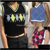 Tankar Camis Tops Tees Womens Clothing Apparel Drop Leverans 2021 Miyouj Sweater Vest Argyle Plaid Stickad Tank Top Kvinna Streetwear Preppy s