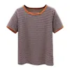 여름 복고풍 느슨한 스트라이프 여성 O 넥 티셔츠 탑스 한국어 패션 티셔츠 여성 의류 티셔츠 Y2K 탑 210507