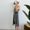 Verão Assimétrica Vestido Mulheres Sem Mangas Algodão Casual V-Pescoço V-Neck Solid Spaghetti Strap CRRiflz 210520
