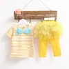 ムーディングドム夏の幼児の女の子の衣装ストライプの弓Tシャツとチュチュバミューダのショートパンツの赤ちゃん女の子服スーツ子供ショートセット210615