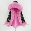 Vinter Parka Real Fur Collar Hooded Tjock Varm Konstgjord Rex Kanin Fur Liner Mode Luxury Fur Coat Jacka 211018